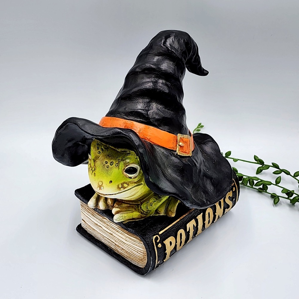 Frog Witch Wizard On Potion Book Figurine Halloween Decor Resin 9" Tabletop NEW